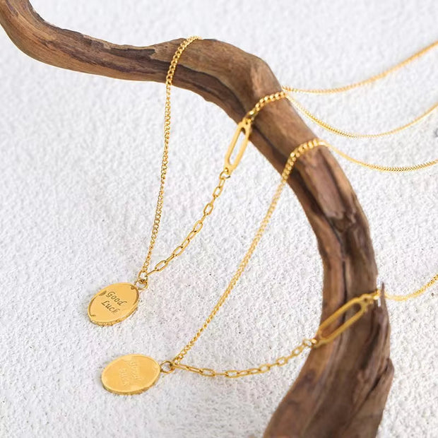 Geometric Oval GOOD LUCK Engraved Letter Pendant Necklace Gold 18K Stainless Steel Chain Necklace Women Jewelry