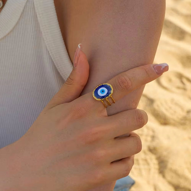 Jewelry 18K Gold Plated Three Layer Eye Ring Stainless Steel Blue Enamel Evil Eyes Stacking Rings