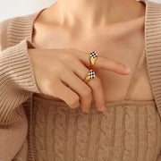 Minimalist 18K Gold Plated Enamel Heart Tarnish Free Checkered Stainless Steel Rings Women Jewelry