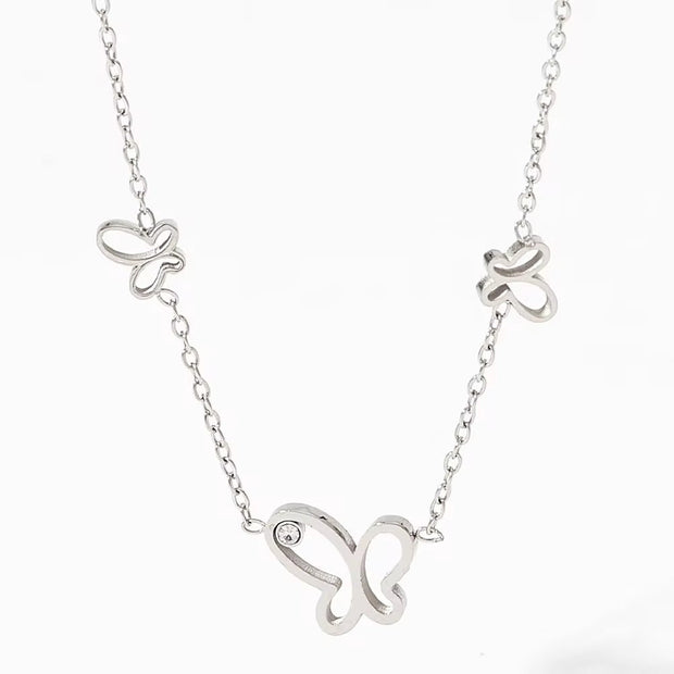 Ins Thin Chain Gold Plated Stainless Steel Three Butterfly Shape Hollow Zircon Necklace