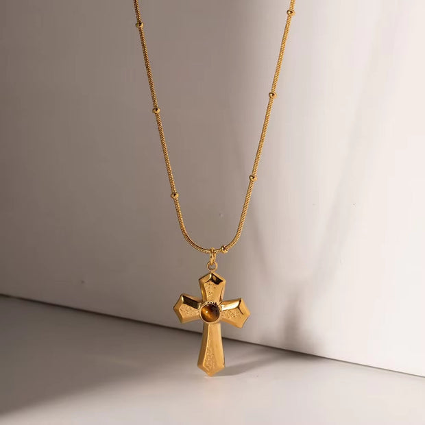 Jewelry 18K PVD Gold Plated Hammer Cross Necklace Tiger Eye Stone Cross Pendant Necklace for Women