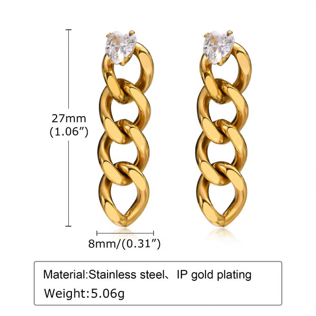 Hot Sale Ip Gold Plating Cubic Zircon Link Chain Pendant Earrings No Fade Stainless Steel Heart Shape Diamond Chain Earrings