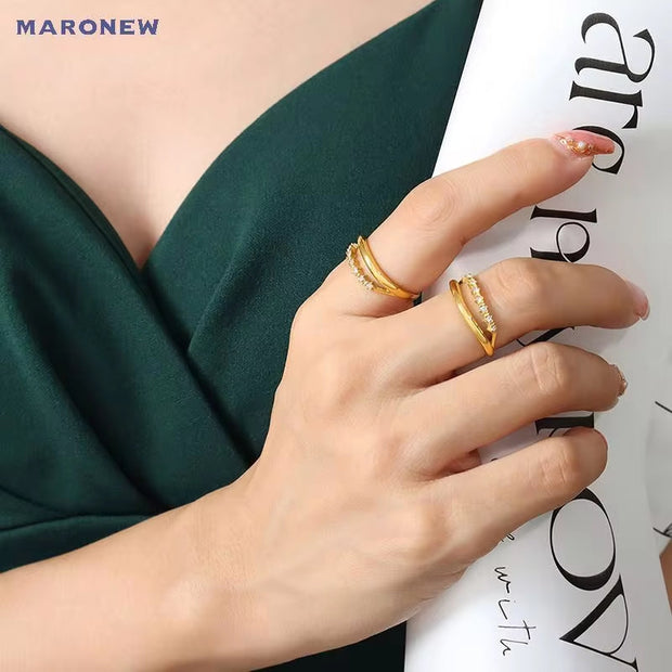 Ins Custom Fashion Jewelry 18K Gold Plated Stainless Steel Initial Zircon Rings for Women Bague