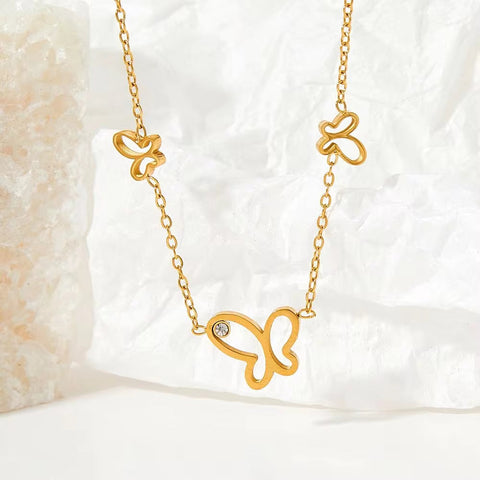 Ins Thin Chain Gold Plated Stainless Steel Three Butterfly Shape Hollow Zircon Necklace