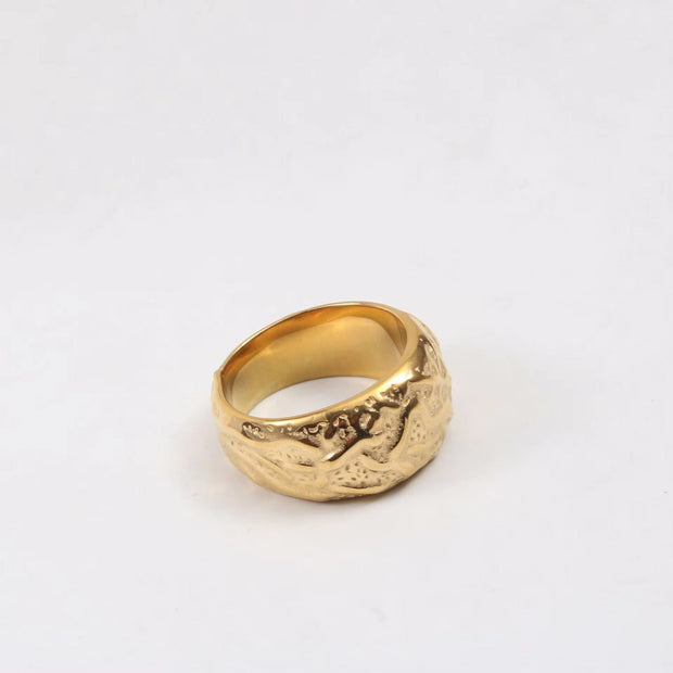 FANJIN Jewelry Wholesale 18K Gold Plated Band Meteor Crater Chunky Stainless Steel Rings for Women Statement Rings