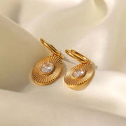 INS Style 18K Gold Plated Sunburst Earrings Stainless Steel Screw Zircon Paved Oval Pendant Necklace