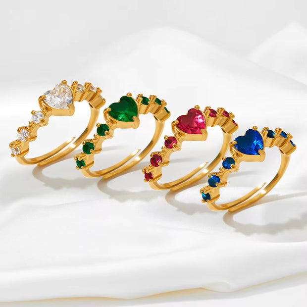 Gold Plated Adjustable Crystal Heart Shape Zircon Inlay Ring Tarnish Free Stainless Steel Diamond Wedding Rings