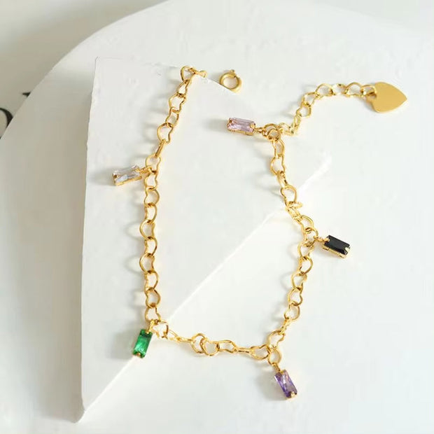 Fashion Gold Plating Titanium Steel Link Chain Zircon Stainless Steel CZ Square Bracelet for Ladies