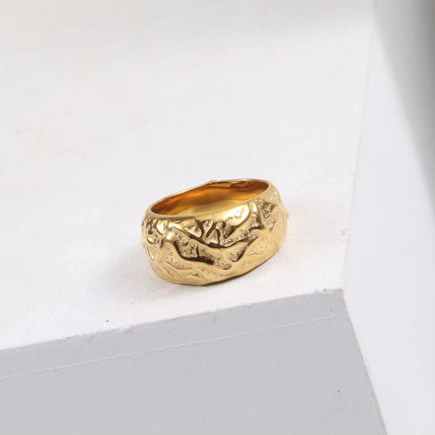 FANJIN Jewelry Wholesale 18K Gold Plated Band Meteor Crater Chunky Stainless Steel Rings for Women Statement Rings