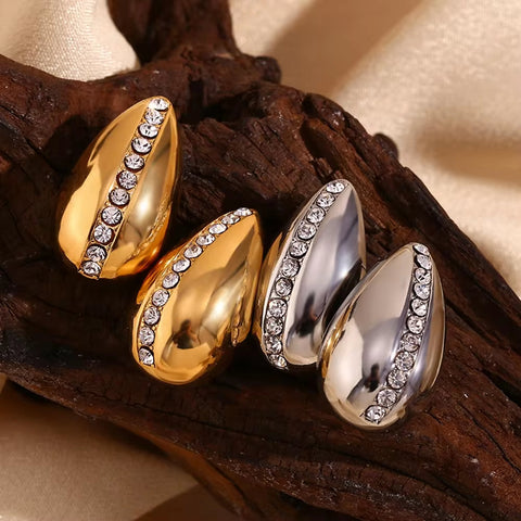 Hollow Water Drop Stud Earrings Shining Zircon Jewelry Gold Plated Stainless Steel Jewelry