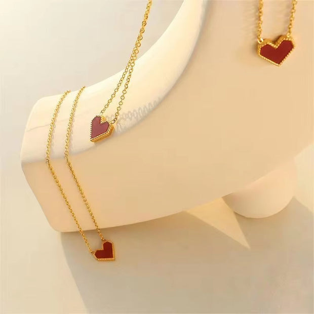 Elegant Stainless Steel Red Heart Pendant Necklace Titanium Steel Acrylic for Women Jewelry