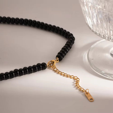 18K Gold Plated Stainless Steel Gift Black Obsidian Beads 3D Dimensional Heart Pendant Choker Necklace Women