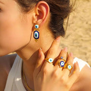 Jewelry 18K Gold Plated Eye Ring Stainless Steel Hollow Layer Blue Enamel Evil Eyes Open Rings