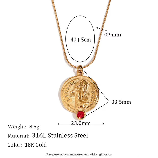 Engraved La Dolce Vita Fashion Lady Pendant Necklace Red Zircon Gold Plated Stainless Steel Jewelry