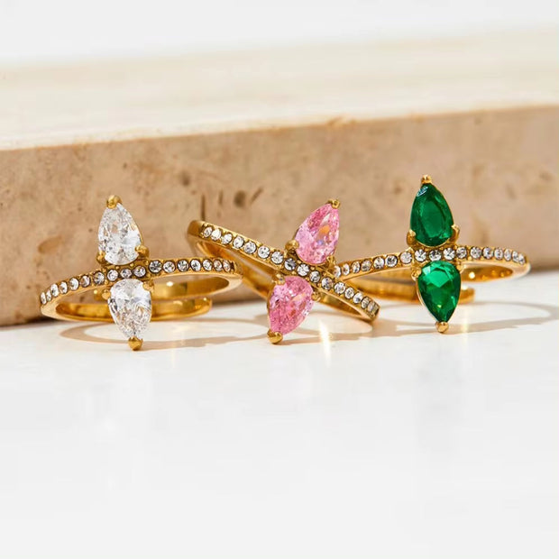 INS Charm Gold Plated Drop Shape Crystal Rhinestone Rings Waterproof Stainless Steel Jewelry Wrap Open Rings Gift for Women