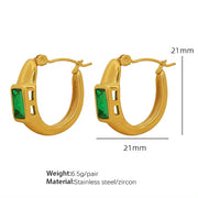 JEWELRY EH142 French Fashion Emerald Zirconia C-Shaped Earrings Stainless Steel Gold Plated 18K Earrings