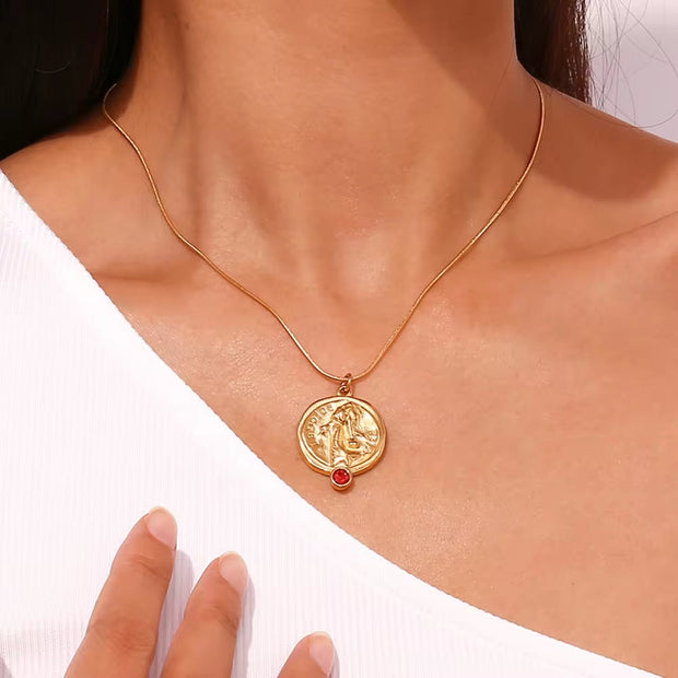 Engraved La Dolce Vita Fashion Lady Pendant Necklace Red Zircon Gold Plated Stainless Steel Jewelry