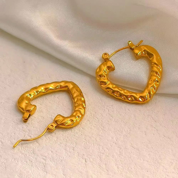 Hot Sale Hip Hops Embossed Texture Geometric Clip on Earrings Trendy Gold Plated Large Heart Rectangular Hoop Earrings F