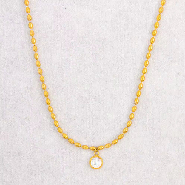 Delicate Stainless Steel Colorful Oval Bead Chain Jade Bead Pendant Necklace Vintage Stone Choker Gift for Lovers