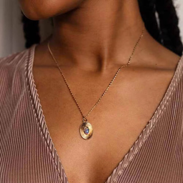 INS Style 18K Gold Plated Sunburst Earrings Stainless Steel Screw Zircon Paved Oval Pendant Necklace