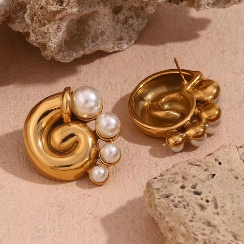Fresh Water Pearl Winding Conch Stud Earrings Tarnish Free Jewelry Gold Plated Earrings Stainless Steel Jewelry