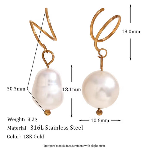 Fresh Water Pearl Drop Earrings Gold Plated Jewelry Winding Stainless Steel Earrings Women Luxury
