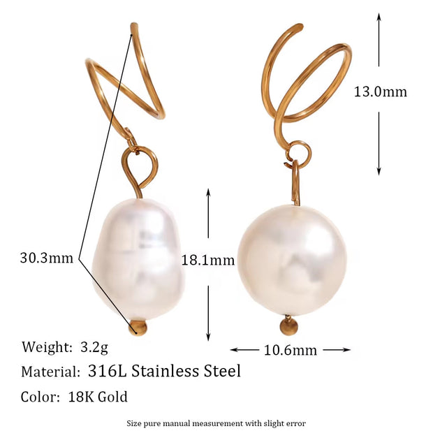 Fresh Water Pearl Drop Earrings Gold Plated Jewelry Winding Stainless Steel Earrings Women Luxury
