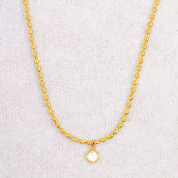 Delicate Stainless Steel Colorful Oval Bead Chain Jade Bead Pendant Necklace Vintage Stone Choker Gift for Lovers