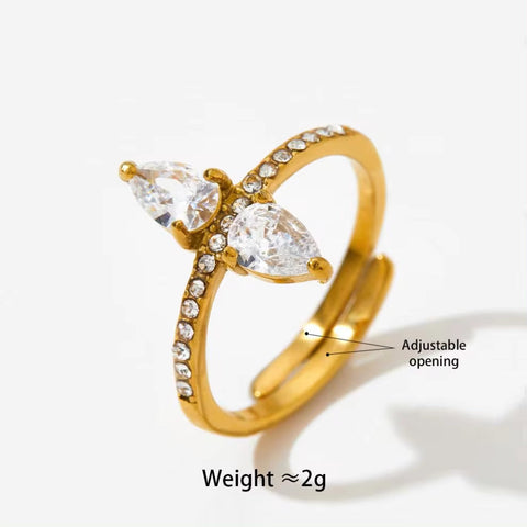 INS Charm Gold Plated Drop Shape Crystal Rhinestone Rings Waterproof Stainless Steel Jewelry Wrap Open Rings Gift for Women