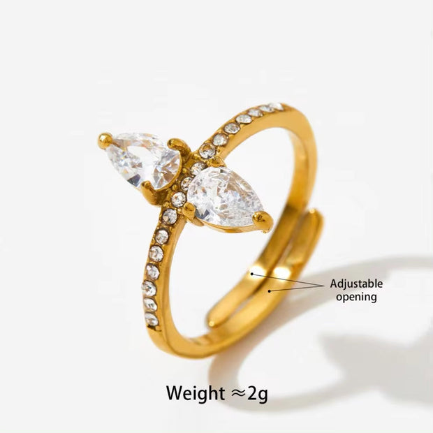 INS Charm Gold Plated Drop Shape Crystal Rhinestone Rings Waterproof Stainless Steel Jewelry Wrap Open Rings Gift for Women