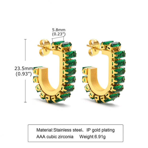 Good Quality 18K Gold Plated Green Cubic Zircon Earrings Deliate No Fade Stainless Steel Bling Diamond U Shape Earrings