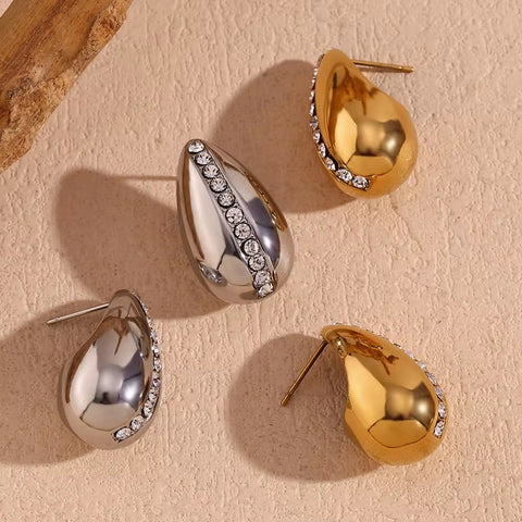 Hollow Water Drop Stud Earrings Shining Zircon Jewelry Gold Plated Stainless Steel Jewelry