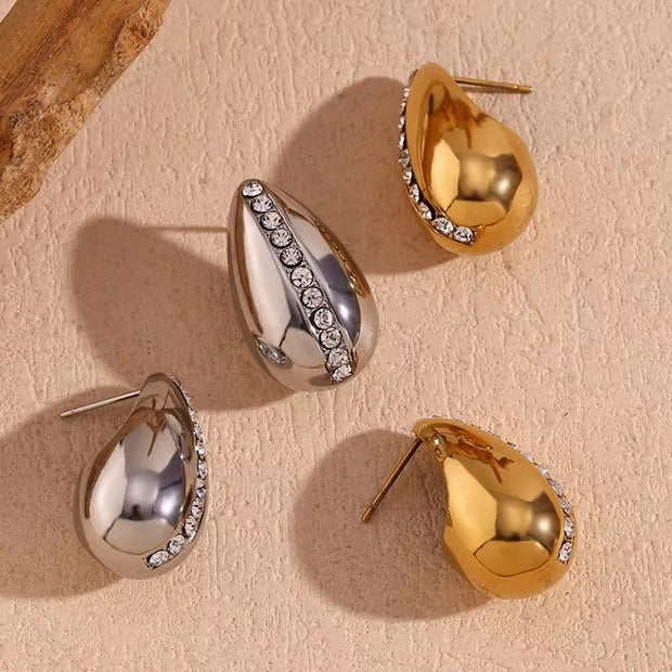 Hollow Water Drop Stud Earrings Shining Zircon Jewelry Gold Plated Stainless Steel Jewelry