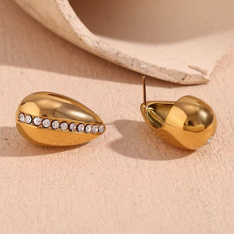 Hollow Water Drop Stud Earrings Shining Zircon Jewelry Gold Plated Stainless Steel Jewelry