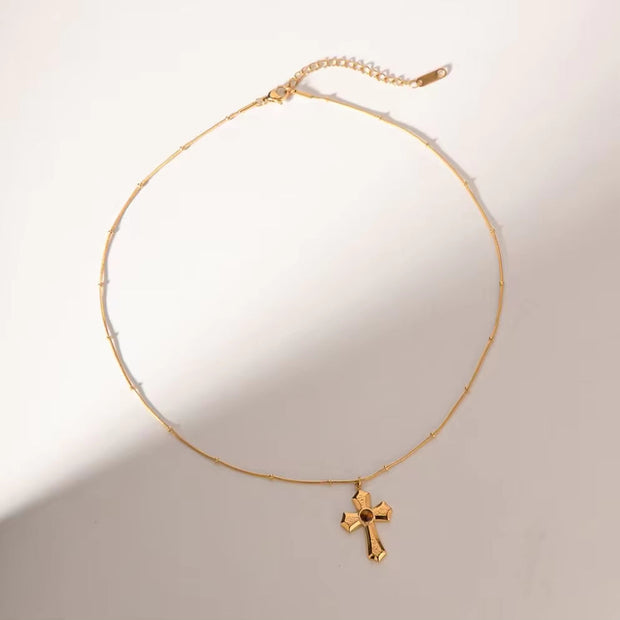 Jewelry 18K PVD Gold Plated Hammer Cross Necklace Tiger Eye Stone Cross Pendant Necklace for Women