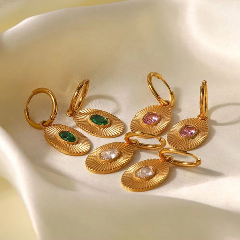 INS Style 18K Gold Plated Sunburst Earrings Stainless Steel Screw Zircon Paved Oval Pendant Necklace