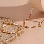 Fresh Water Pearl Chain Choker Necklace Gold Plated Jewelry Tarnish Free Stainless Steel Necklace