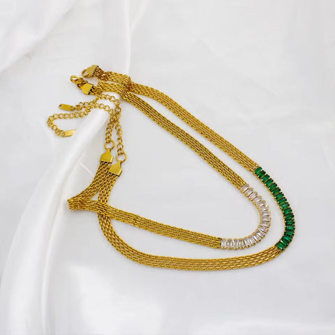 Mesh Chains Necklaces Tennis Green Zircon Square Stainless Steel 18K Gold Color-Preserving Bracelet