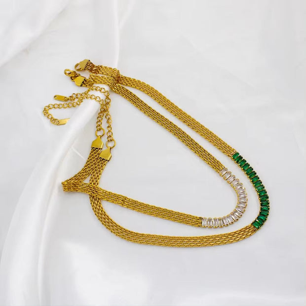 Mesh Chains Necklaces Tennis Green Zircon Square Stainless Steel 18K Gold Color-Preserving Bracelet
