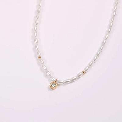 Waterproof Stainless Steel Seed Bead Choker Necklace Fashion Baroque Freshwater Pearl round Zircon Pendant Necklaces