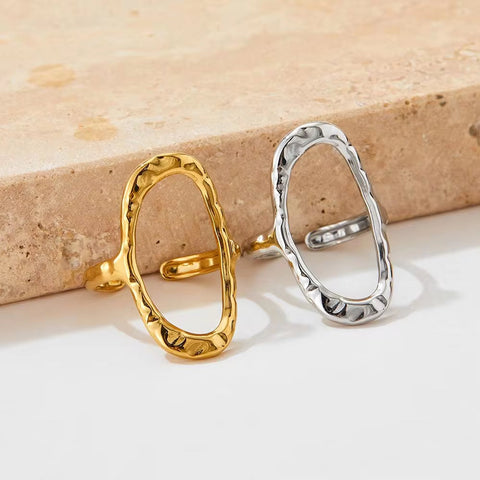 Punk Simple Oval round Rings Chic 18K Gold Plated Adjustable Opening Cuff Geometric Stainless Steel Ring for Women Men Unisex