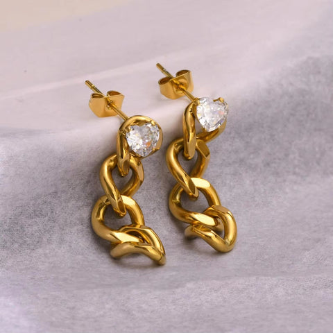 Hot Sale Ip Gold Plating Cubic Zircon Link Chain Pendant Earrings No Fade Stainless Steel Heart Shape Diamond Chain Earrings