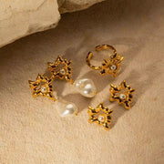 Design Lava Heart Pearl 18K Stainless Steel Gold Plated Hollow Heart Maple Leaf Open Ring for Women