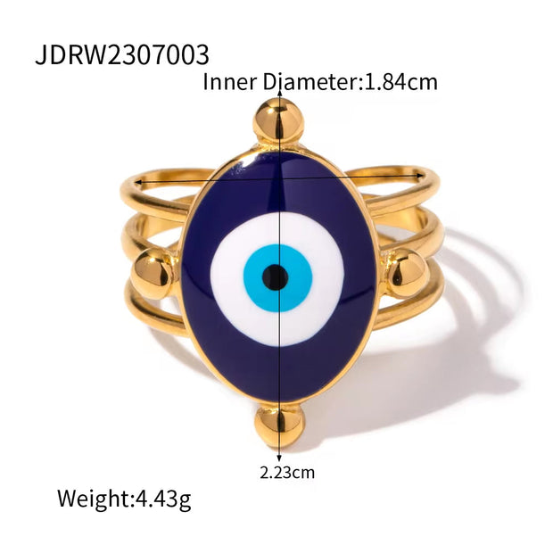 Jewelry 18K Gold Plated Eye Ring Stainless Steel Hollow Layer Blue Enamel Evil Eyes Open Rings