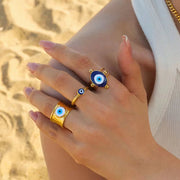 Jewelry 18K Gold Plated Eye Ring Stainless Steel Hollow Layer Blue Enamel Evil Eyes Open Rings