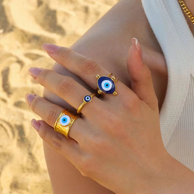 Jewelry 18K Gold Plated Eye Ring Stainless Steel Hollow Layer Blue Enamel Evil Eyes Open Rings