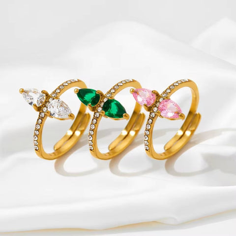 INS Charm Gold Plated Drop Shape Crystal Rhinestone Rings Waterproof Stainless Steel Jewelry Wrap Open Rings Gift for Women