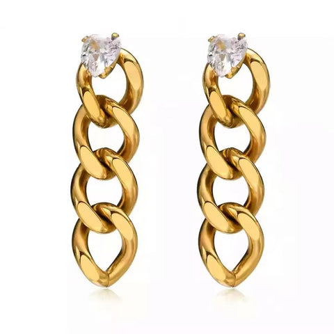 Hot Sale Ip Gold Plating Cubic Zircon Link Chain Pendant Earrings No Fade Stainless Steel Heart Shape Diamond Chain Earrings