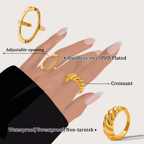 Punk Simple Oval round Rings Chic 18K Gold Plated Adjustable Opening Cuff Geometric Stainless Steel Ring for Women Men Unisex