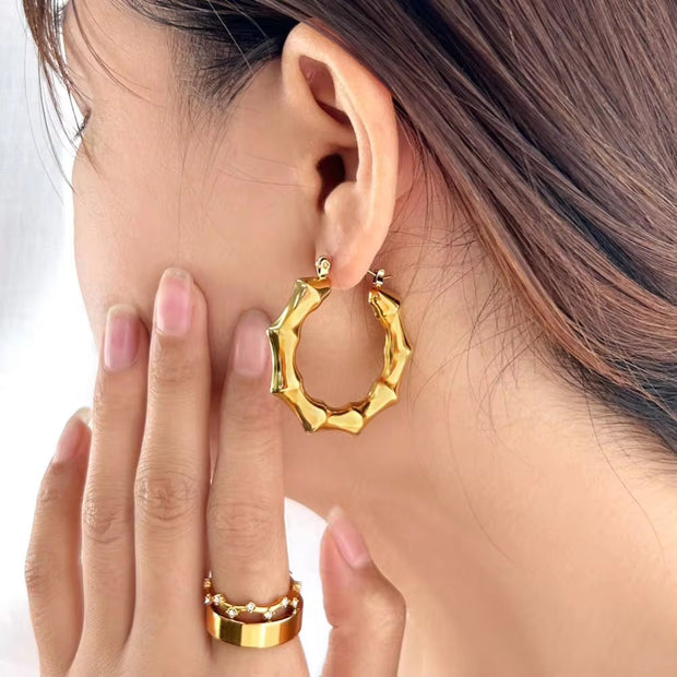 New Punk Bamboo round Gold Earrings Hoop Thick Earrings Twisted Big Metal Geometric for Women Drop Earrings Fashionable